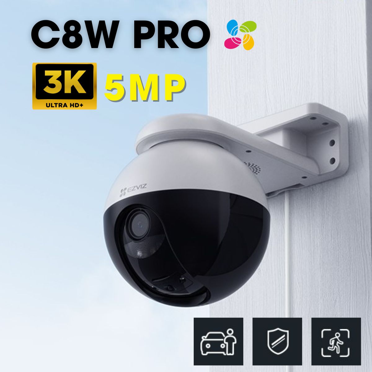 Camera wifi ngoài trời Ezviz C8W Pro 3K 5MP, phát hiện người và xe cộ, còi và đèn chớp