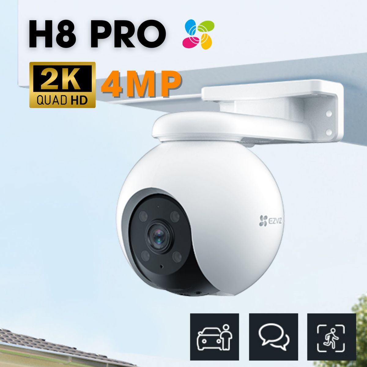 Camera Ezviz H8 Pro 2K 4MP phát hiện người/xe AI, đèn flash & còi báo động, trò truyện 2 chiều