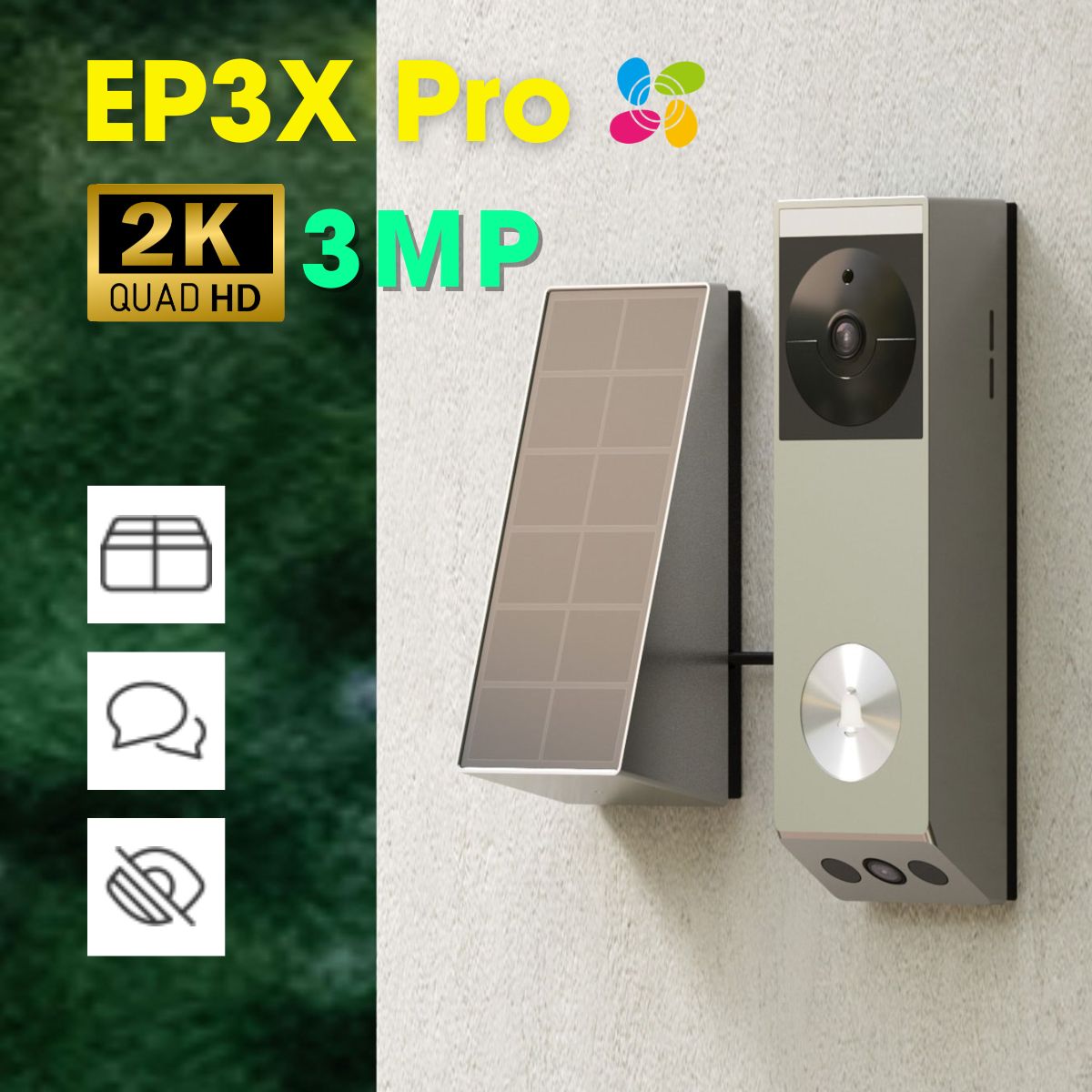Chuông cửa pin mặt trời Solar Ezviz EP3X Pro ống kính kép 2K 3MP và 1080p, phát hiện gói hàng, đàm thoại 2 chiều, khu vực riêng tư không quay phim