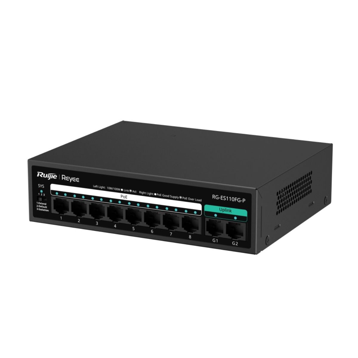 Switch chia mạng 8 cổng Reyee RG-ES110FG-P 8 10/100 BASE-T PoE/PoE+, 2 cổng uplink 100Mps, 5.6Gbps, PoE 110W