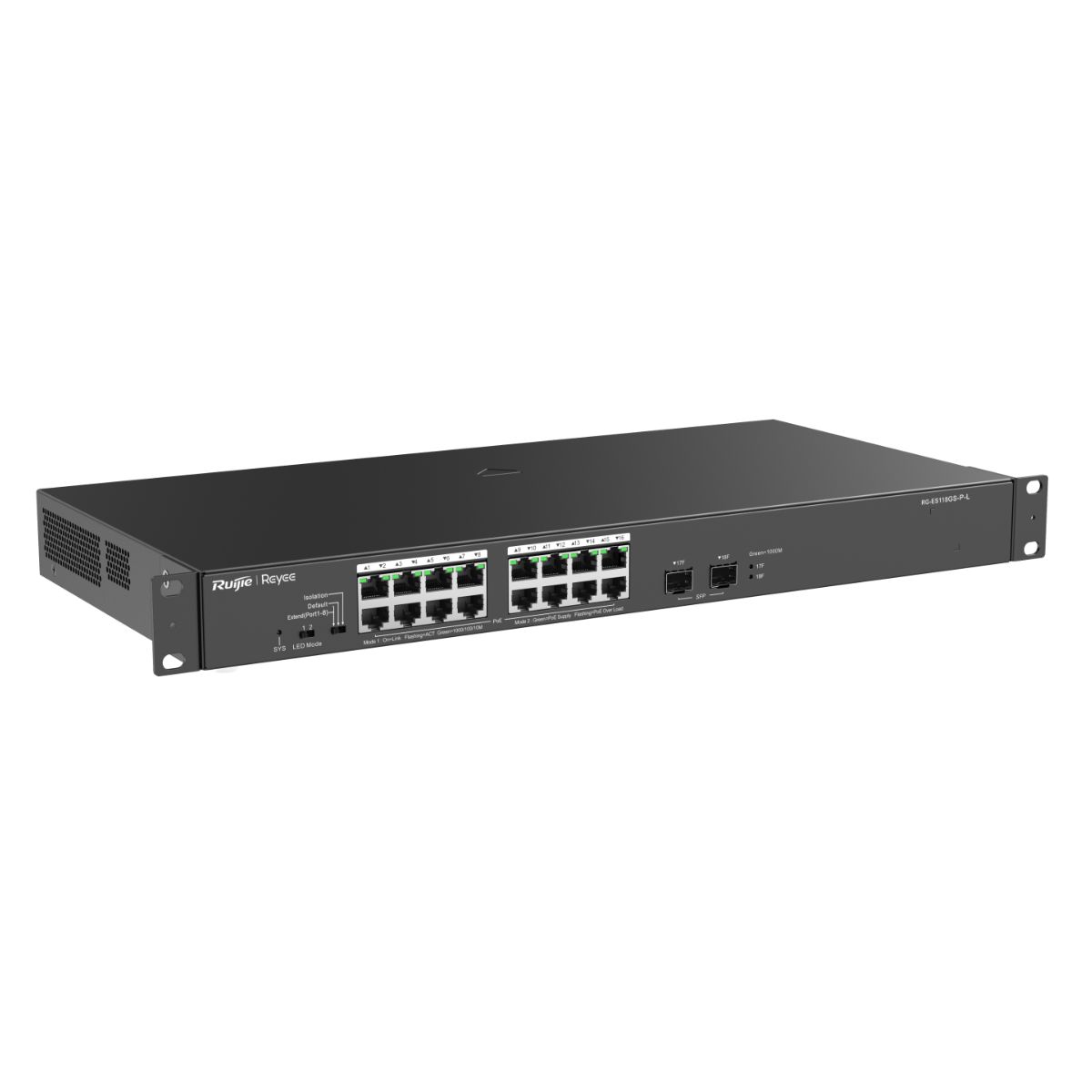 Switch PoE 16 cổng Reyee RG-ES118GS-P-L 16 cổng 10/100/1000 BASE-T PoE/PoE+, uplink quang 1Gps, tốc độ 36Gbps, công suất 247W