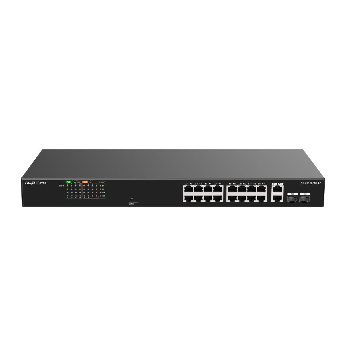 Thiết bị chia mạng PoE 16 cổng Reyee RG-ES118FGS-LP 16 cổng 10/100 BASE-T PoE/PoE+, PoE 120W, 2 uplink 1000 Mbps với 2 cổng combo