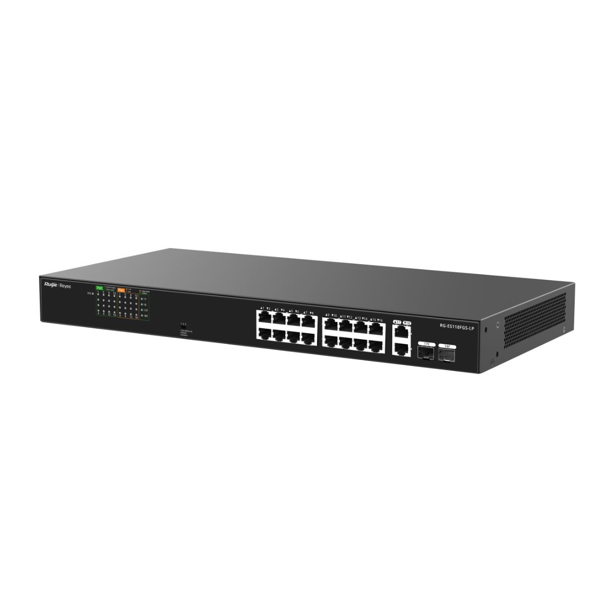 Thiết bị chia mạng PoE 16 cổng Reyee RG-ES118FGS-LP 16 cổng 10/100 BASE-T PoE/PoE+, PoE 120W, 2 uplink 1000 Mbps với 2 cổng combo
