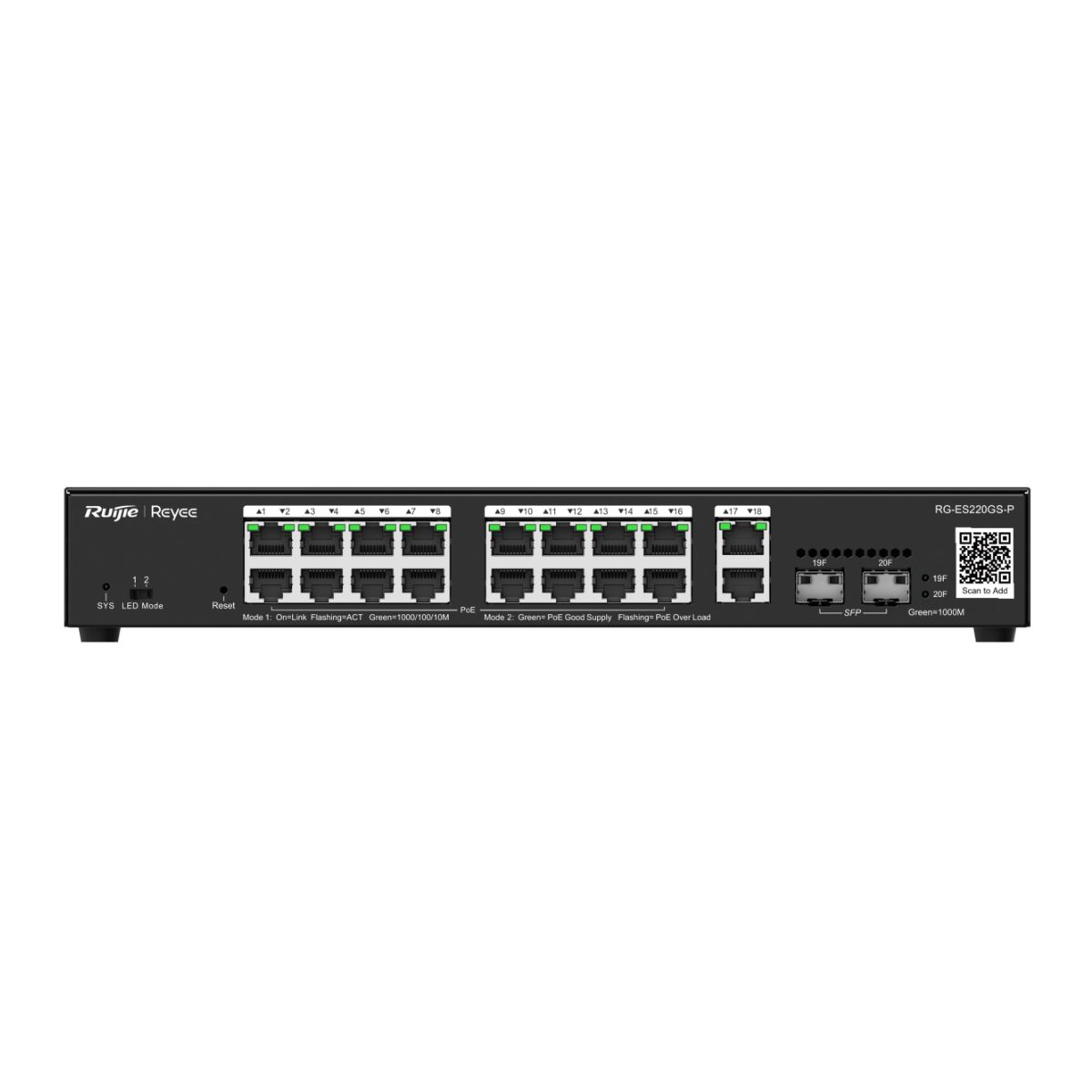 Switch quản lý PoE+ 20 cổng Reyee RG-ES220GS-P 16 cổng 10/100/1000BASE-T, 2 cổng 1000M SFP, PoE 250W, MAC 16K