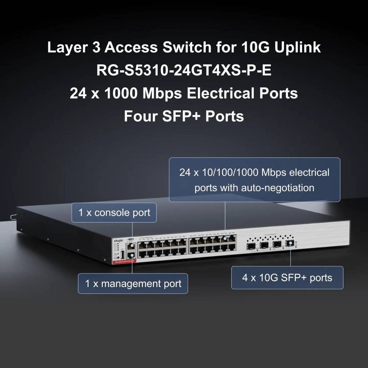 Switch 24 cổng Ruijie RG-S5310-24GT4XS-P-E 24 GE RJ45 PoE/PoE+, 4 cổng 10GE SFP+, tốc độ 3.36 Tbps, công suất PoE tối đa 1480W 