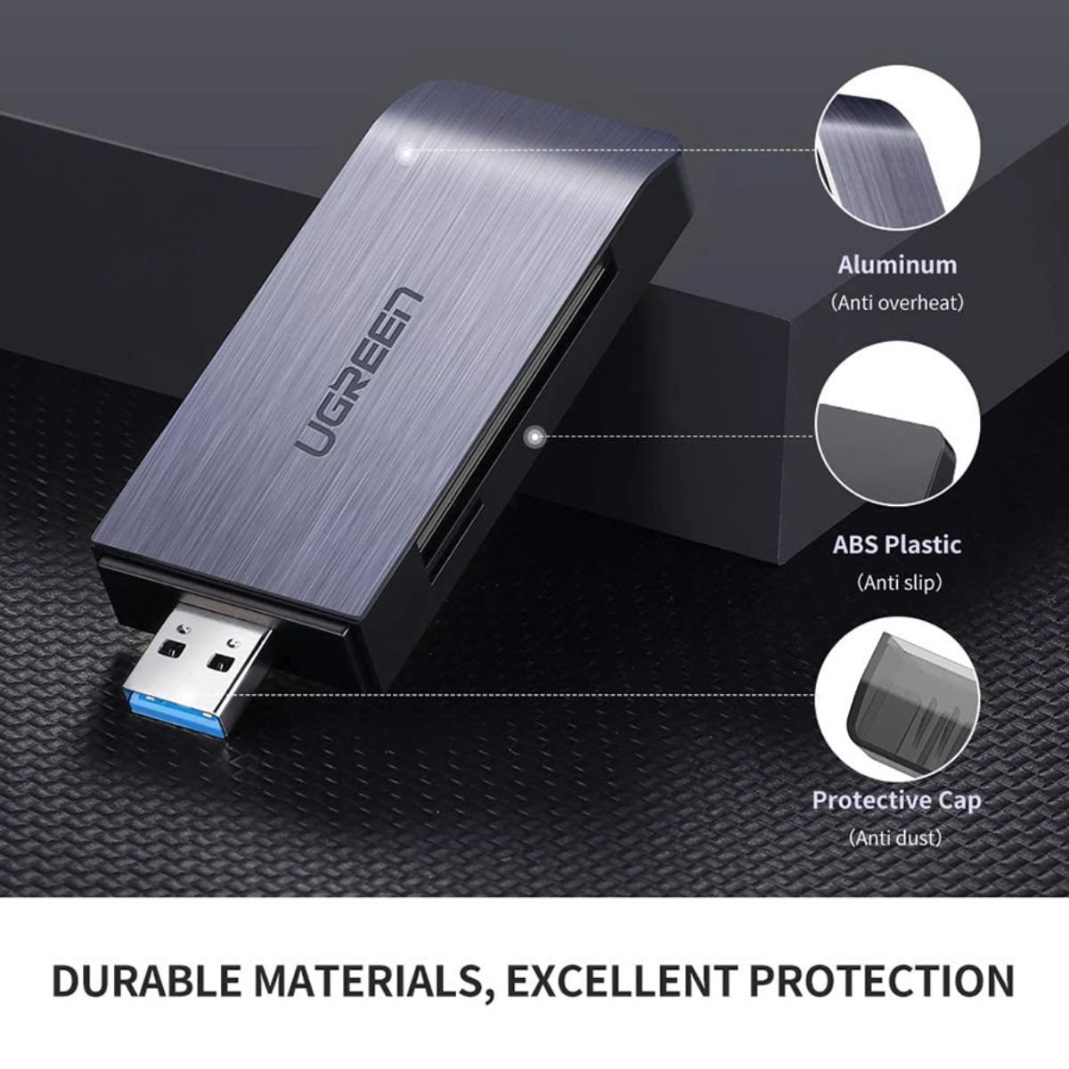Đầu đọc thẻ USB 3.0 Ugreen 50541 CM180 hỗ trợ SD/TF/CF/MS, tốc độ truyền tải 5Gbps 