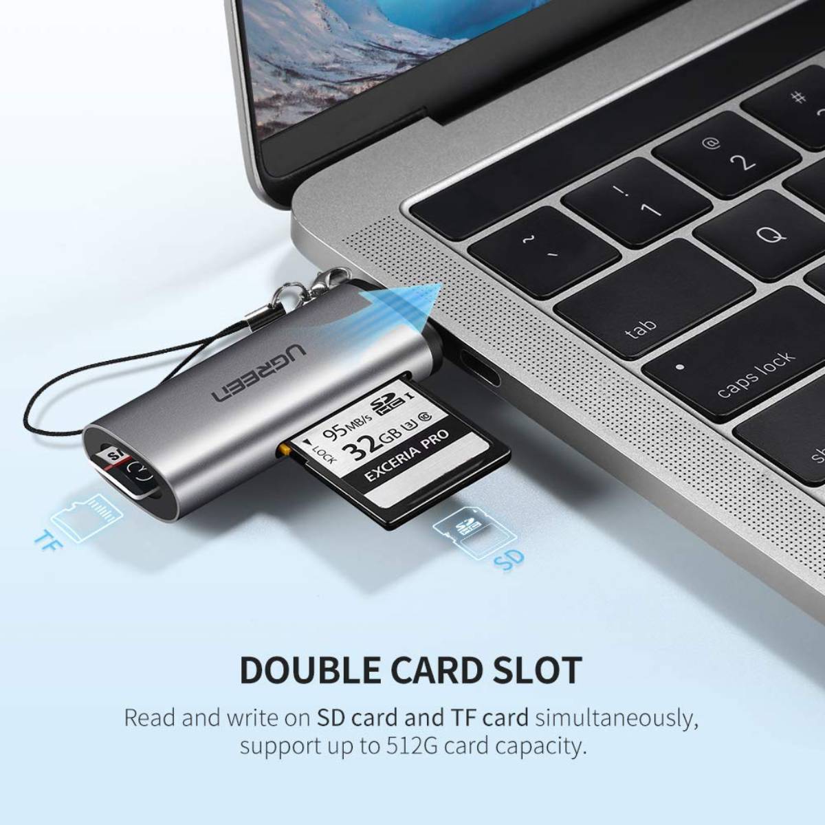 Đầu đọc thẻ USB 3.1 Ugreen 50704 CM184 hỗ trợ thẻ SD/TF 2TB, tốc độ truyền 5Gbps