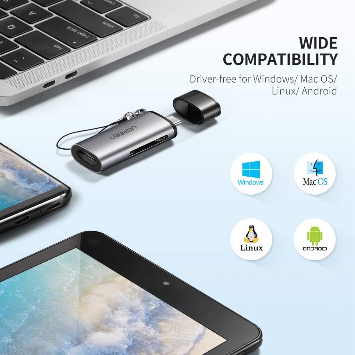 Đầu đọc thẻ USB 3.1 Ugreen 50704 CM184 hỗ trợ thẻ SD/TF 2TB, tốc độ truyền 5Gbps