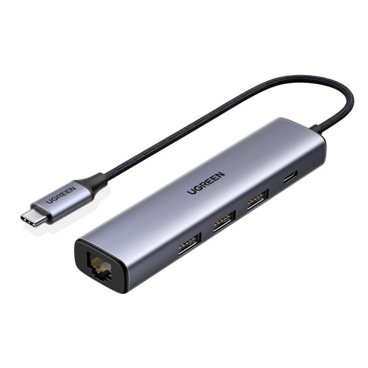 Bộ chia Ugreen 20932 CM475 Type-C to 3*USB 3.0 + LAN 1Gbps + PD 100W, tốc độ 5Gpbs, dây bọc dù