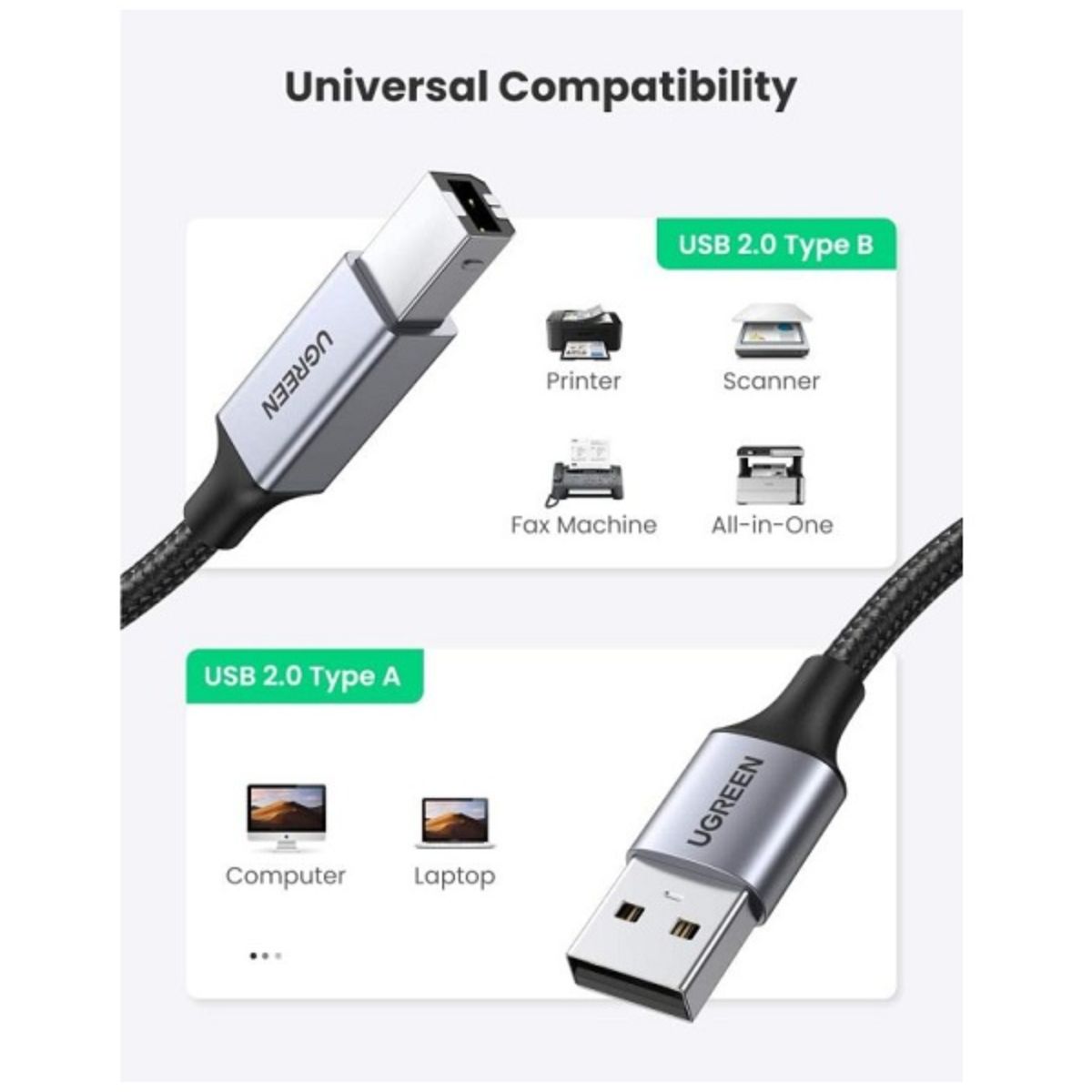 Cáp máy in 2M đầu nhôm bọc dù Type-A to Type-B Ugreen 80803 cao cấp