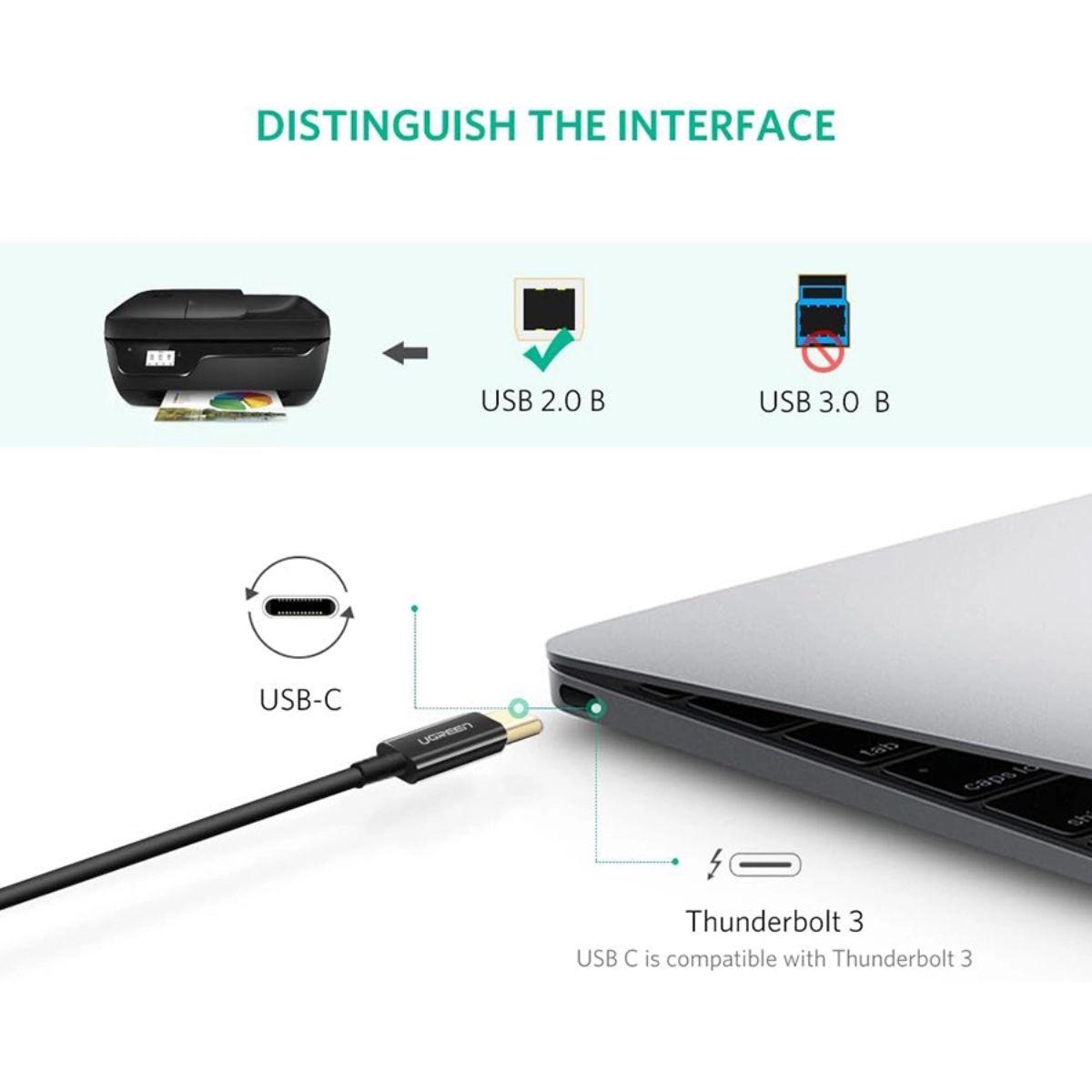 Cáp máy in USB 2.0 Type-C to USB Type-B dài 1M Ugreen 80811 (Màu đen)