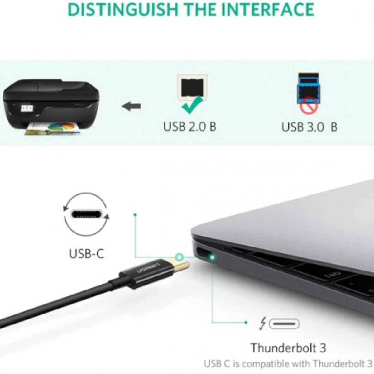 Cáp máy in USB 2.0 Type-C to USB Type-B dài 3M Ugreen 80812 (Màu đen)