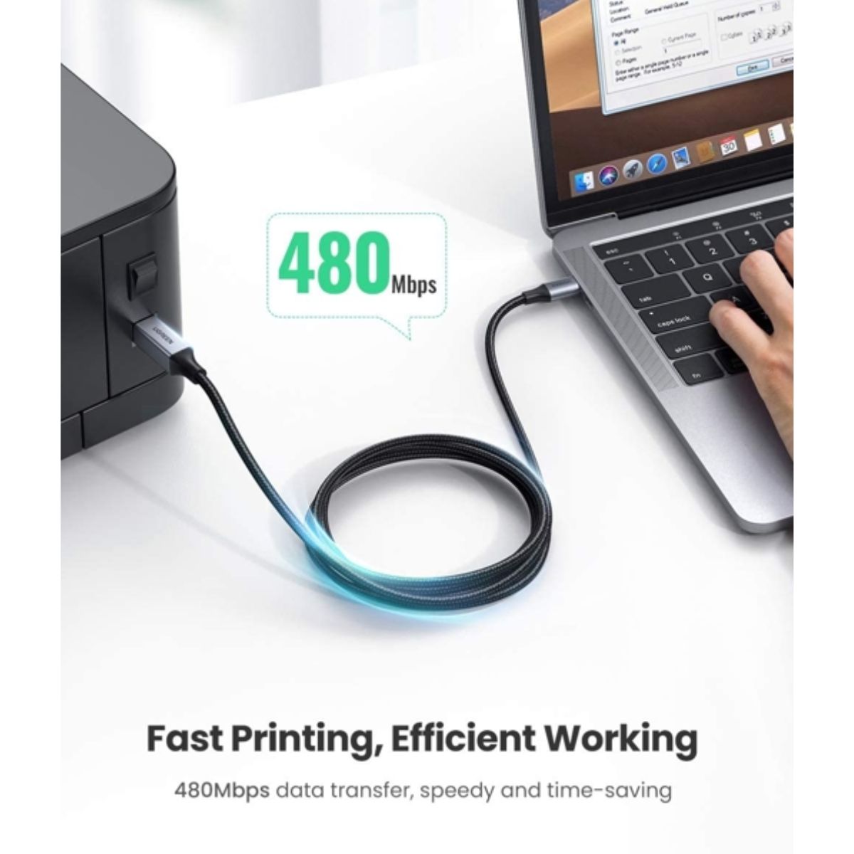 Cáp máy in USB Type-C to USB Type-B dài 1M bọc dù Ugreen 80805 cao cấp