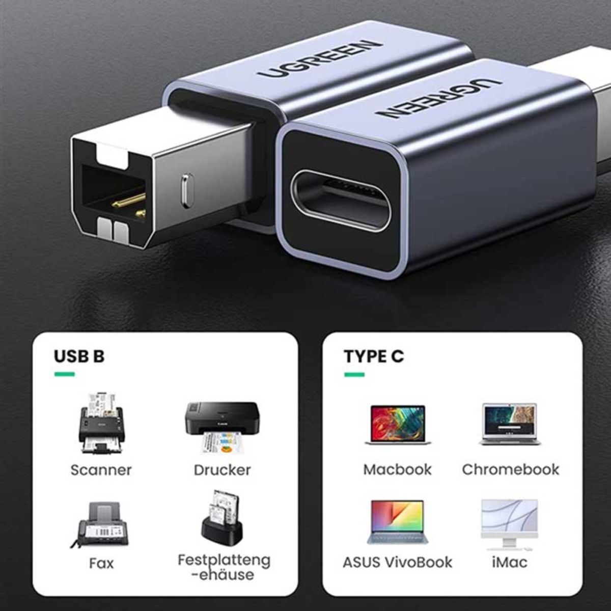 Đầu chuyển đổi USB Type-C âm sang USB Type-B dương máy in Ugreen 20120 cao cấp